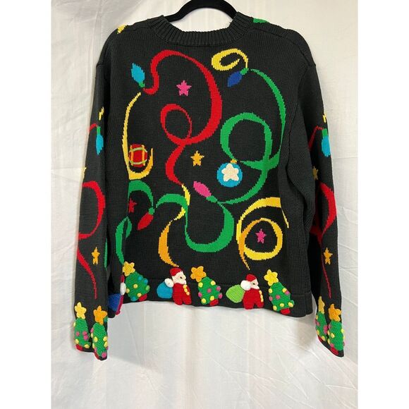 Vintage Christmas Sweater Black with Festive Holiday Design Star Trees Ornaments - Picture 6 of 6